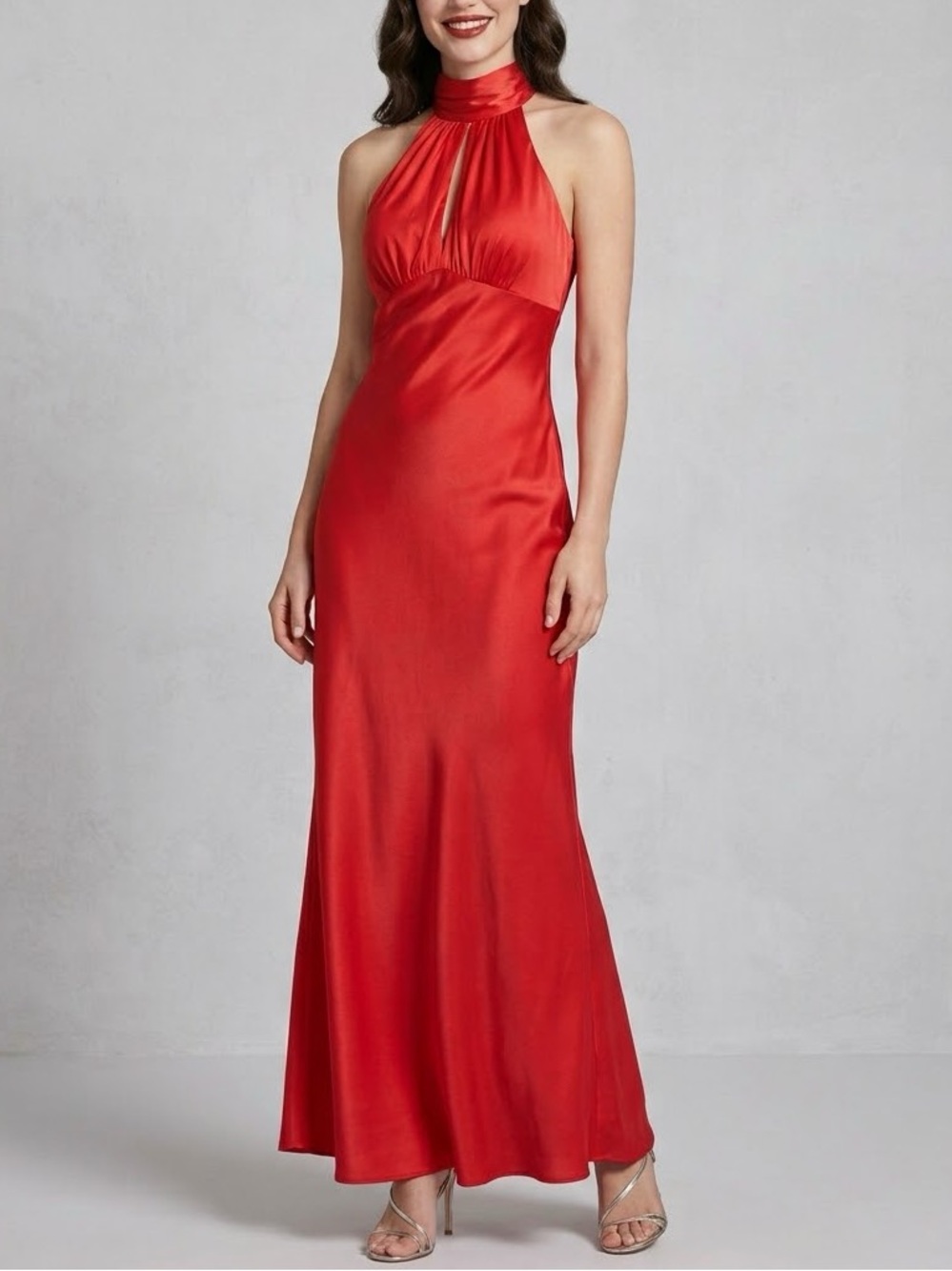 Mac Duggal Red Satin Keyhole Halter Empire Waist Wedding Guest Event Gown Sz 18